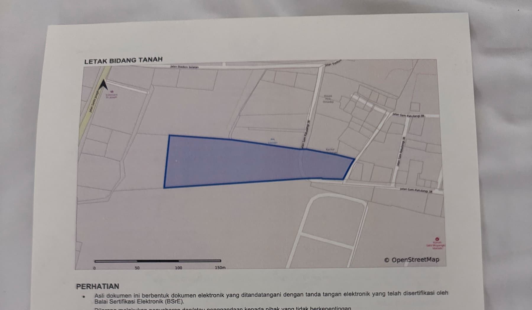 Gambar letak bidang tanah pada lampiran sertipikat elektronik Karombasan Utara